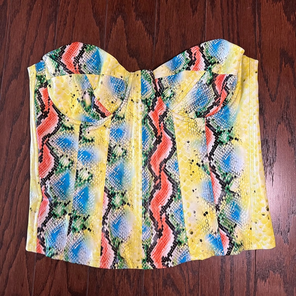 Prettylittlething Petite snake print PU corset top